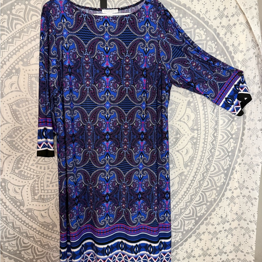 London Times Vibrant Blue and Purple Long Sleeve Dress